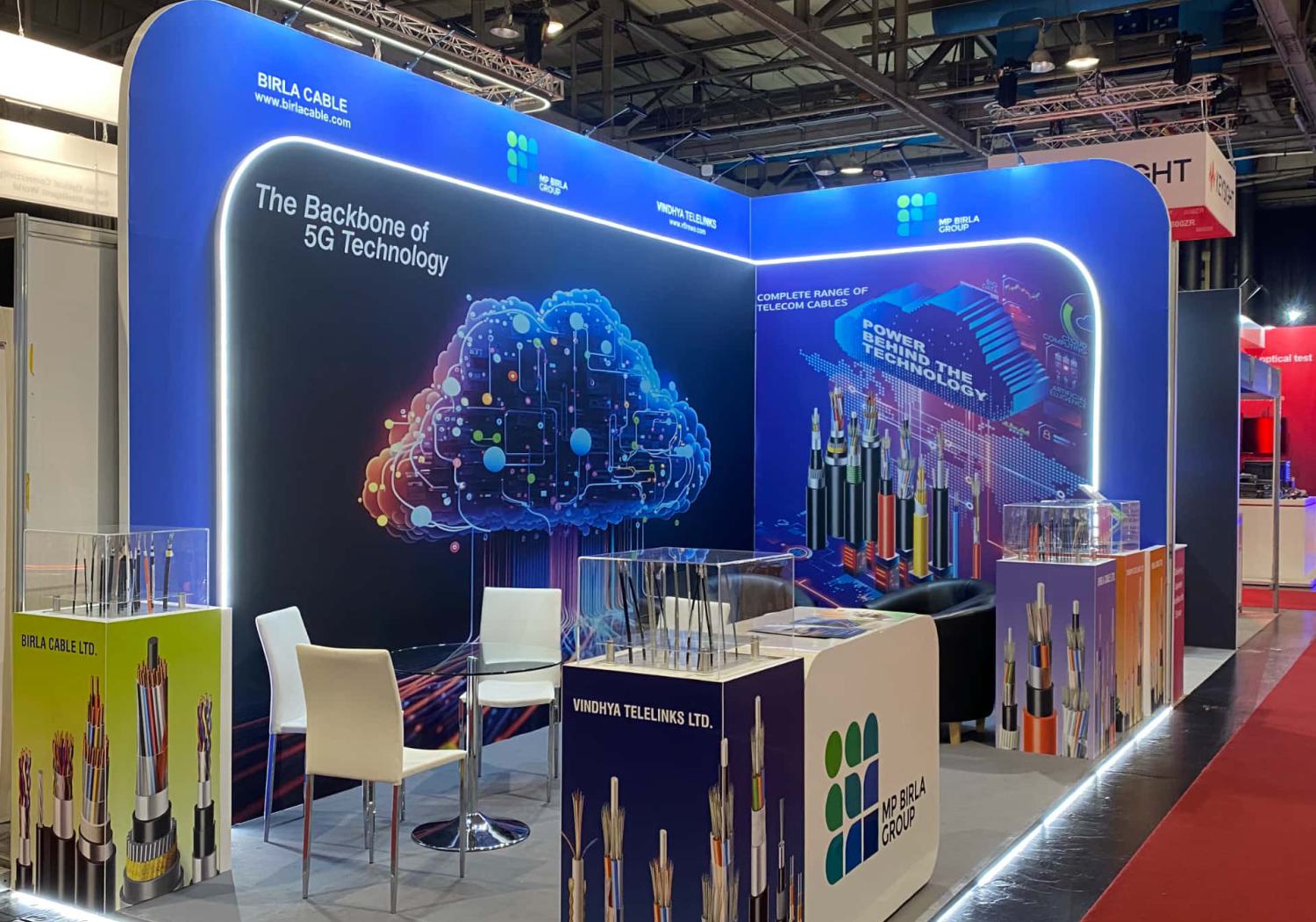 Birla cables - stand with 2 walls, curved edges, LED edge lights