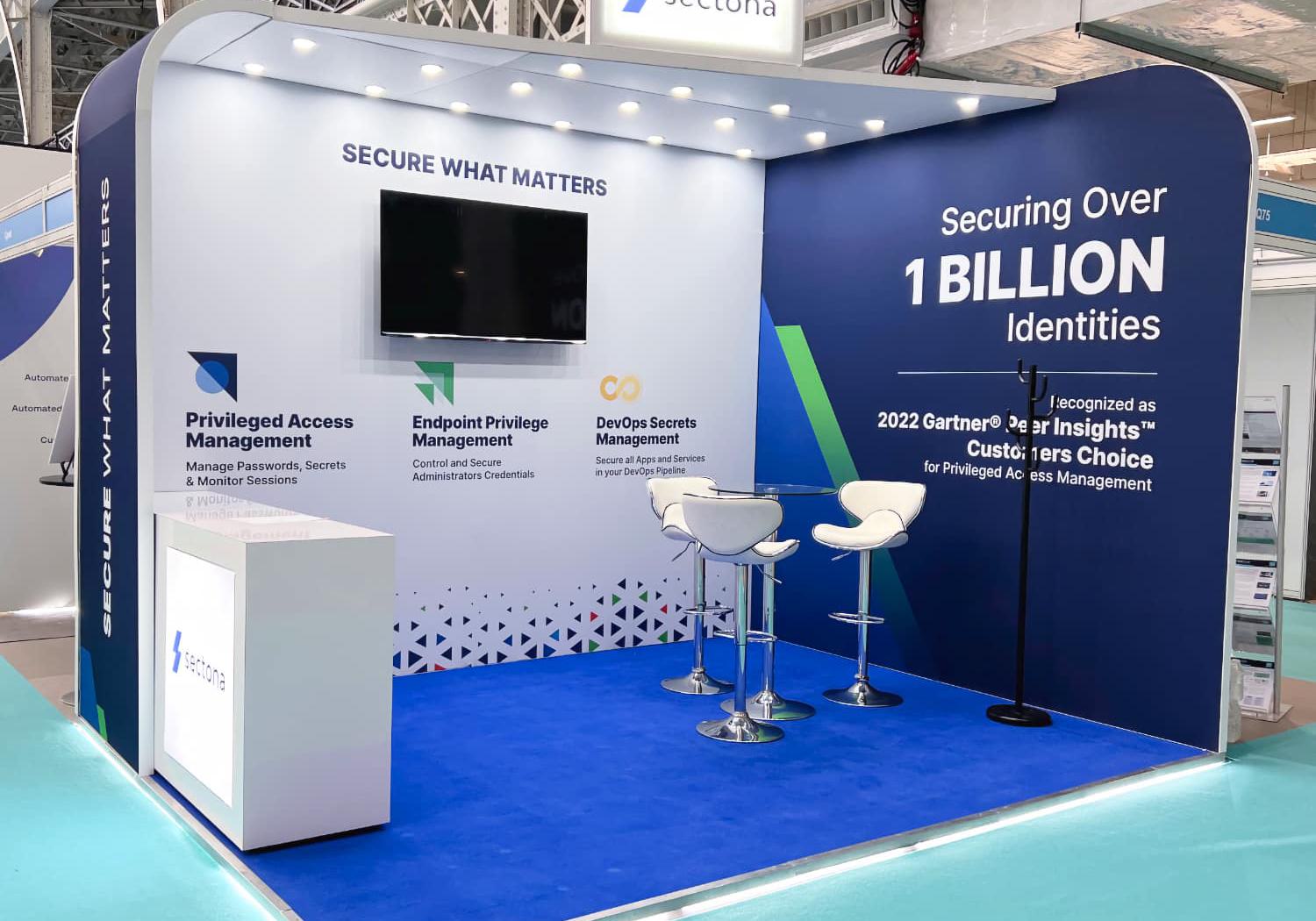 Sectona stand with 2 walls and an angled roof with downlights, LED edge lights and lightbox counter